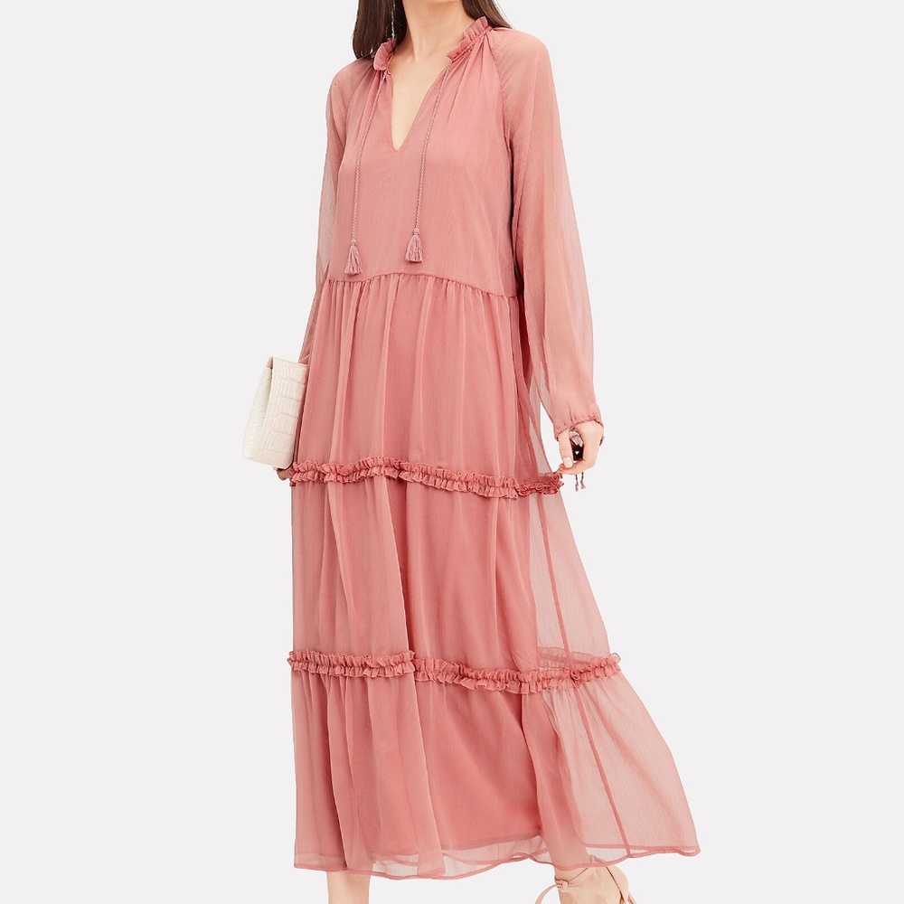 NWT Notes du Nord Blaire Tiered Silk Pink Sheer Maxi Dress Ruffle Danish 40 or L